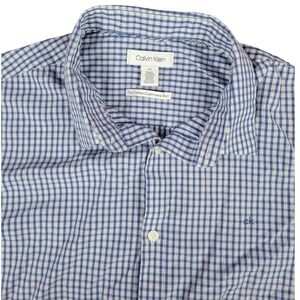Calvin Klein Mens Blue Gingham Checkered Long Sleeve Cotton‎ Cashmere Shirt